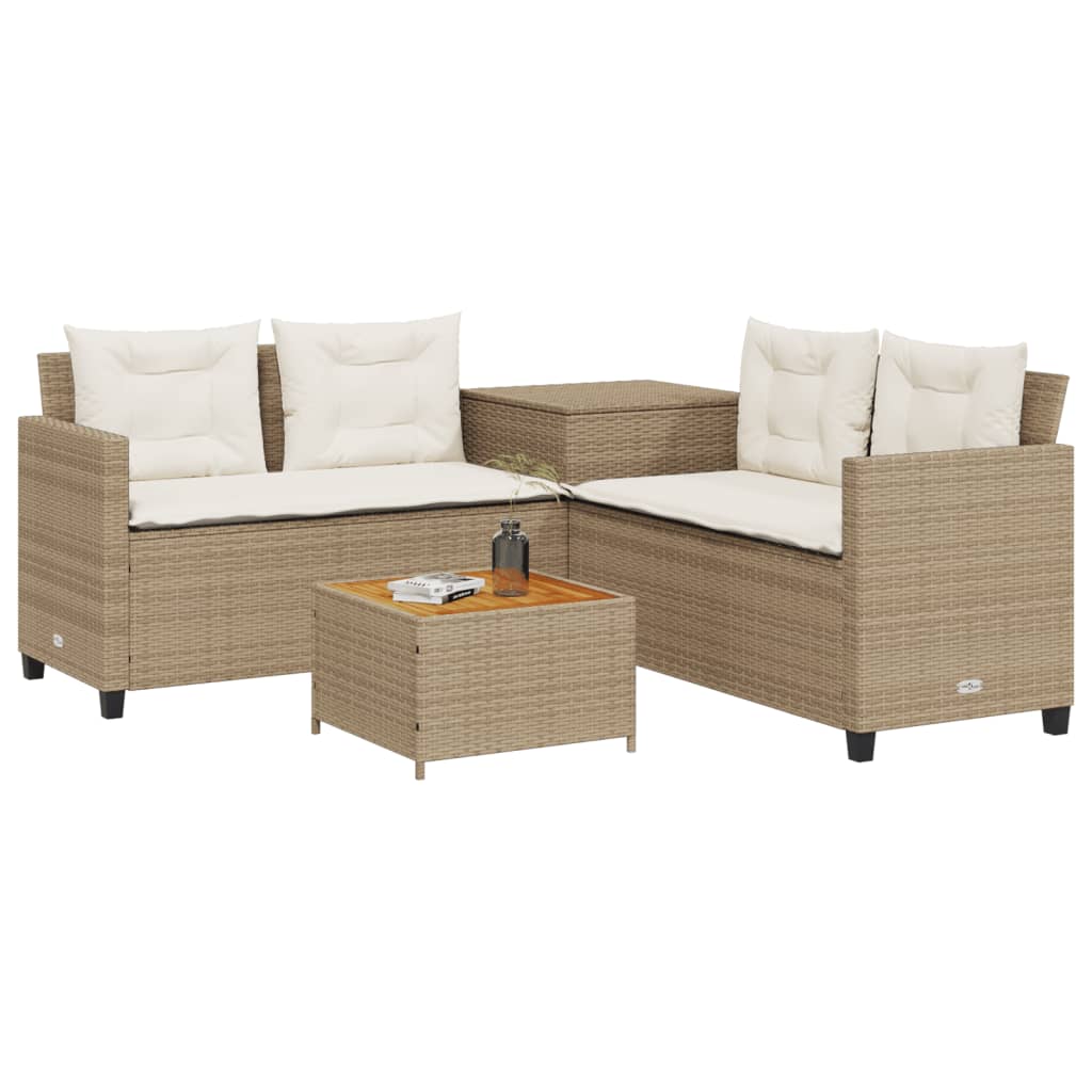 vidaXL Tuinbank met tafel en kussens L-vormig poly rattan beige afbeelding