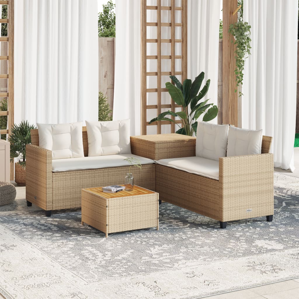 vidaXL Gartensofa in L-Form mit Tisch und Kissen Beige Poly Rattan