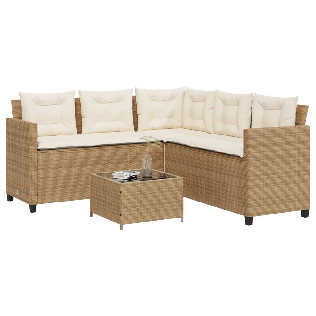 vidaXL Gartensofa in L-Form mit Tisch und Kissen Beige Poly Rattan