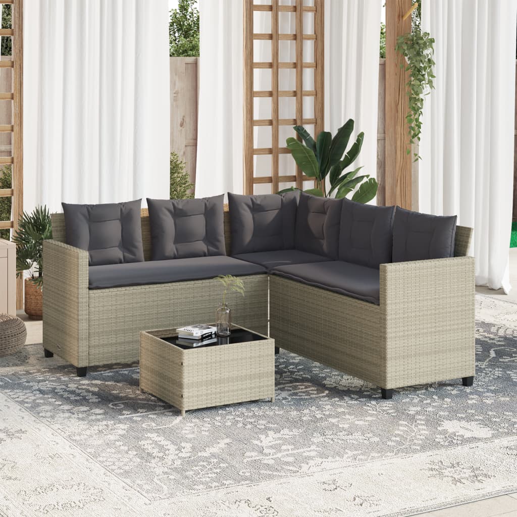 vidaXL Tuinbank met tafel en kussens L-vormig poly rattan lichtgrijs afbeelding