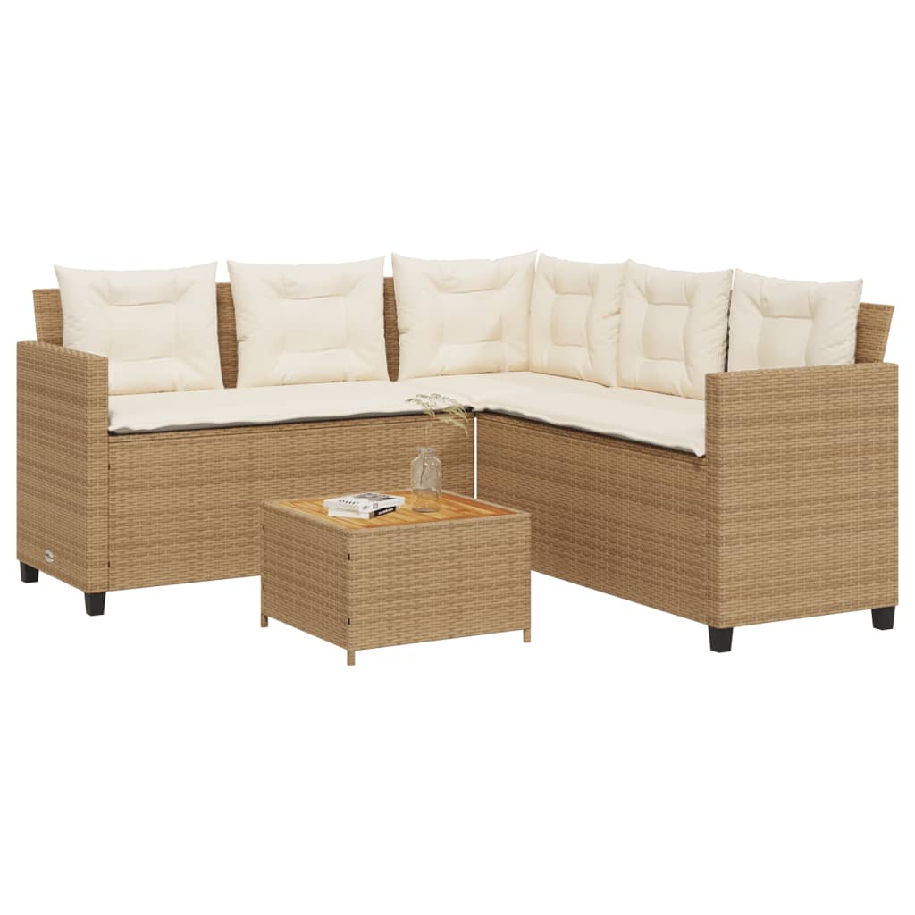 vidaXL Gartensofa in L-Form mit Tisch und Kissen Beige Poly Rattan