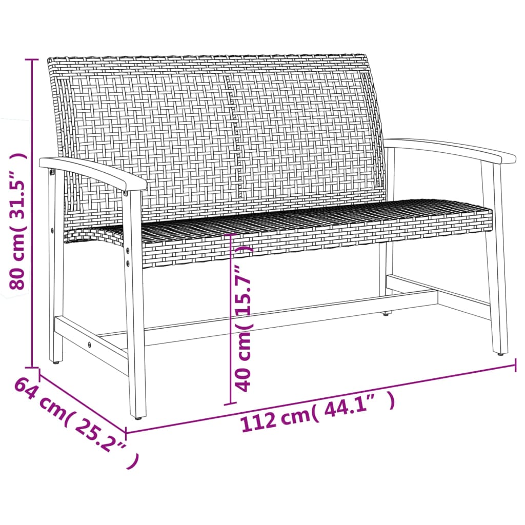 Bancă de grădină, gri, 112 cm, poliratan și lemn de acacia - imagine 9