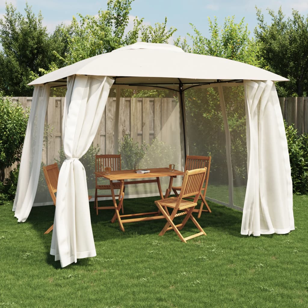 Gazebo con Tetto Doppio e Pareti Rete Crema 2,93x2,93 m Acciaio