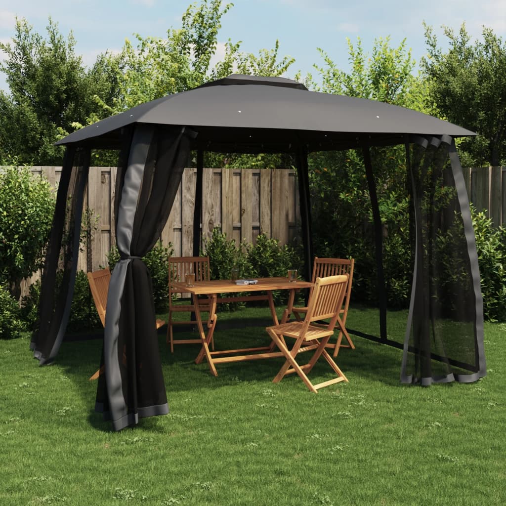 Gazebo Tetto Doppio e Pareti Rete Antracite 2,93x2,93 m Acciaio