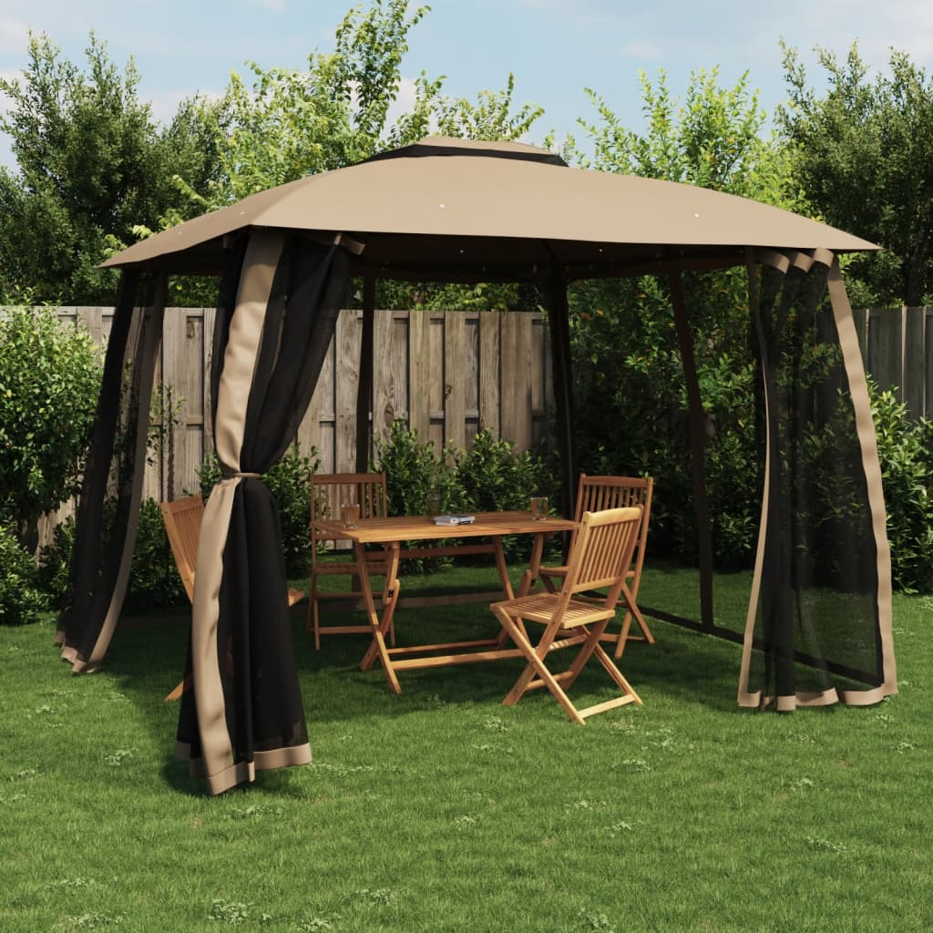 Gazebo con Tetto Doppio/Pareti Rete Tortora 2,93x2,93 m Acciaio