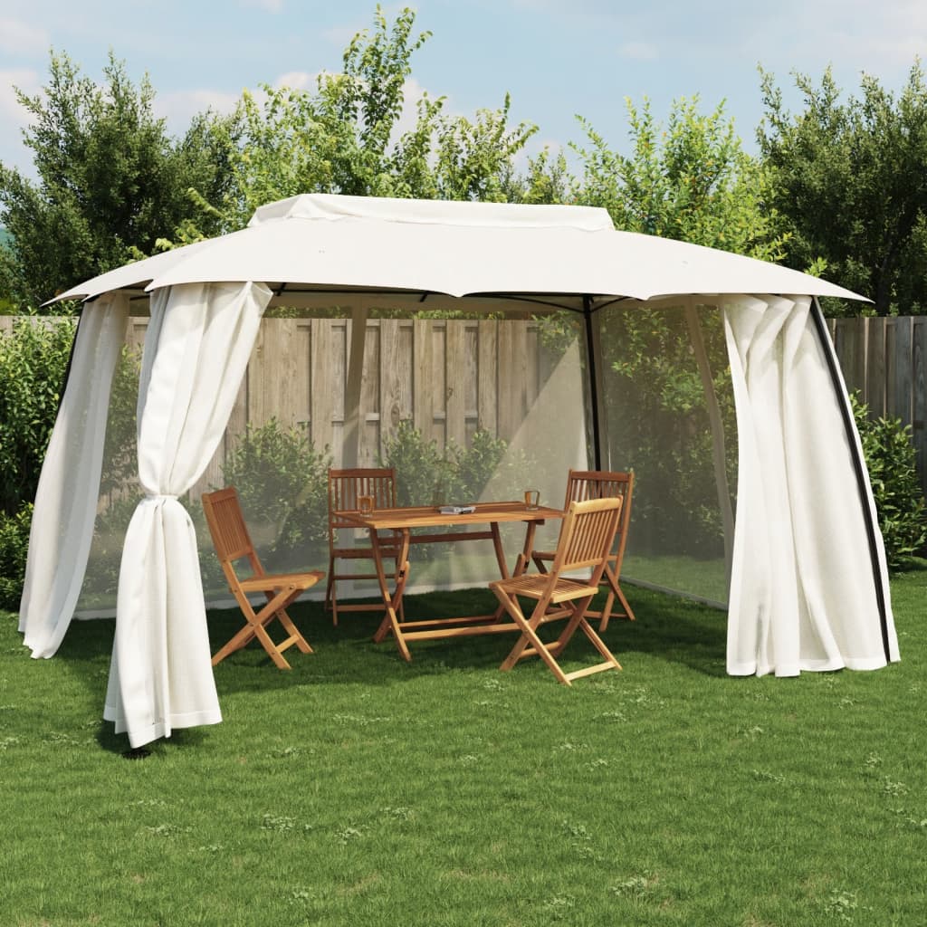 vidaXL Pavillon mit Doppeldach & Netzwänden Creme 3,93x2,93 m Stahl