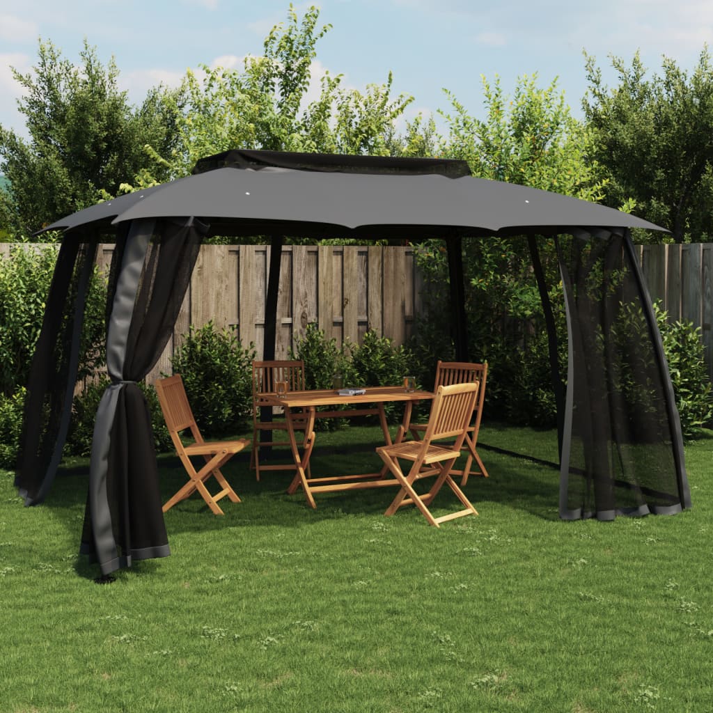 Gazebo Tetto Doppio e Pareti Rete Antracite 3,93x2,93 m Acciaio