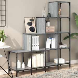 Knjižna omara siva sonoma 122x30x132 cm inžen. les in kovina