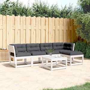 Vrtna sedežna garnitura 5-delna z blazinami bela trdna borovina