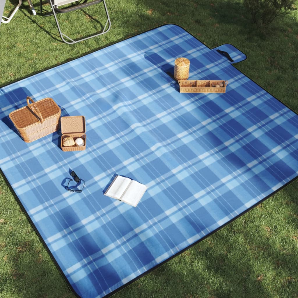 vidaXL Pătură de picnic pliabilă, carouri albastre, 200x200 cm catifea
