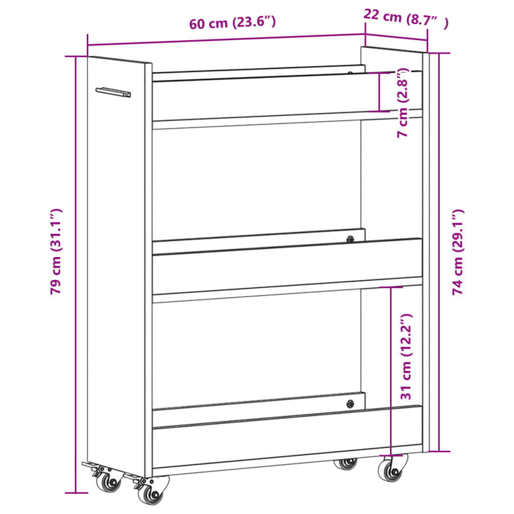 imagem de vidaXL Armário com rodas 60x22x79 cm derivados de madeira branco11