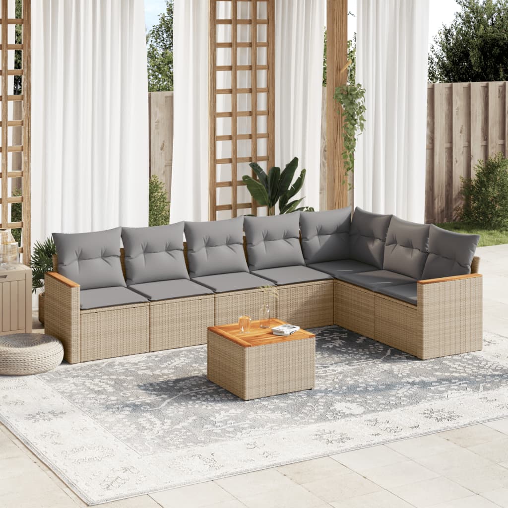 vidaXL 8-tlg. Garten-Sofagarnitur mit Kissen Beige Poly Rattan