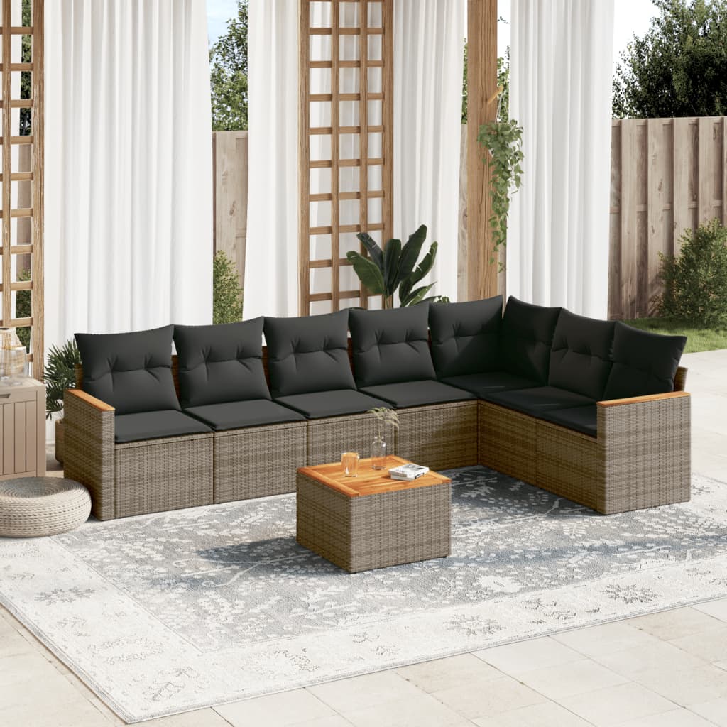 8-tlg. Garten-Sofagarnitur mit Kissen Grau Poly Rattan