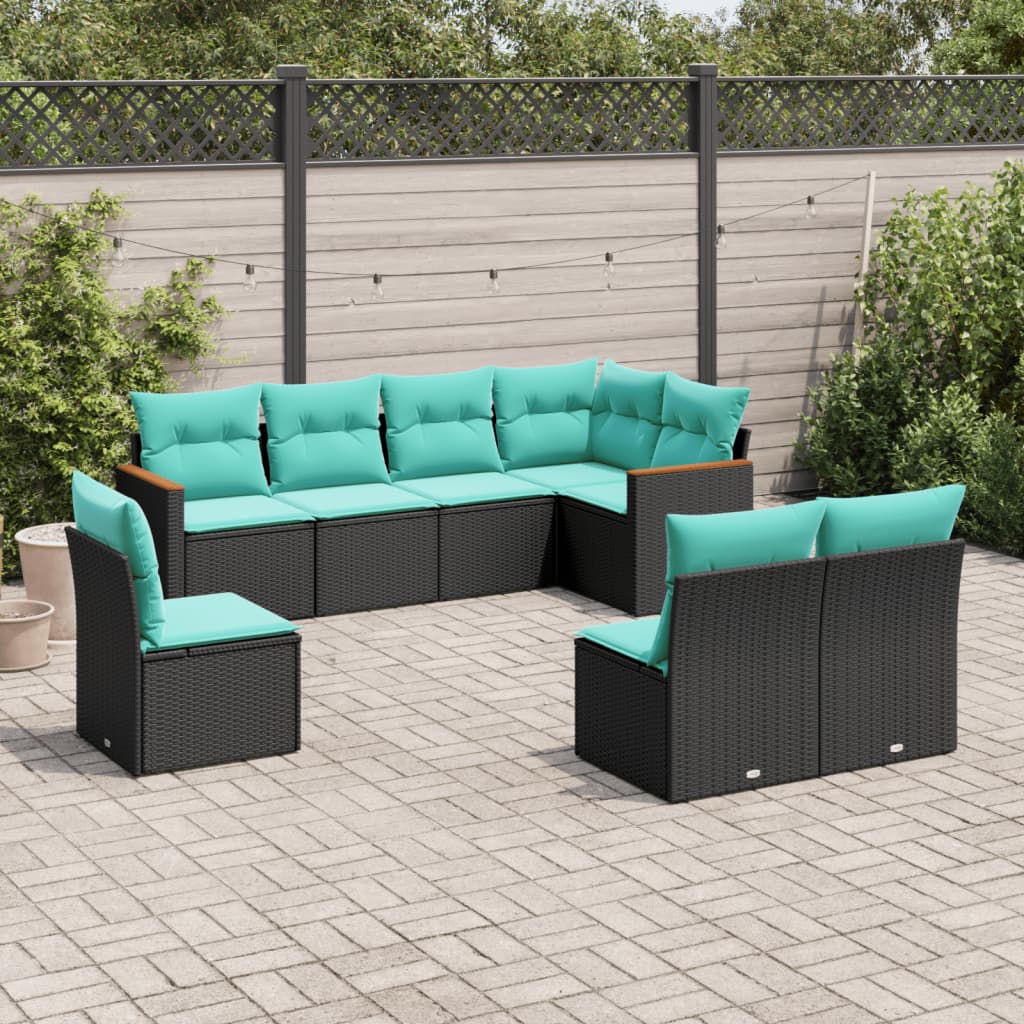 Havesofasæt i polyrattan med hynder - sort/blå, 8 dele