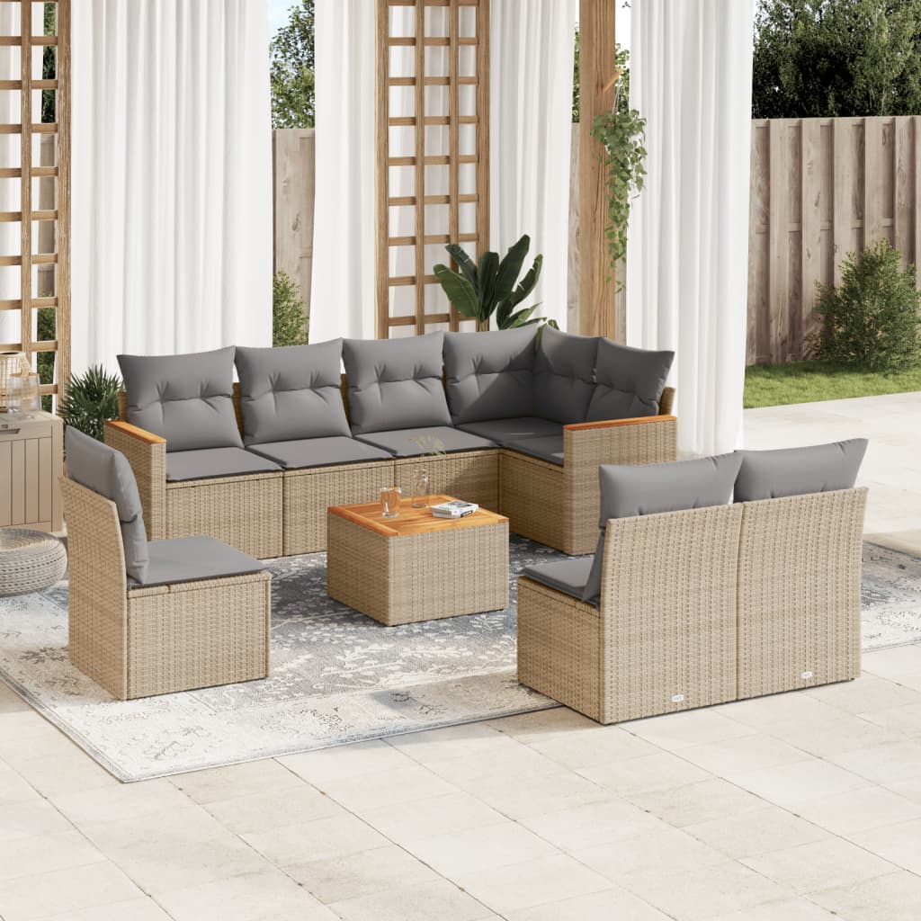 vidaXL 9-tlg. Garten-Sofagarnitur mit Kissen Beige Poly Rattan