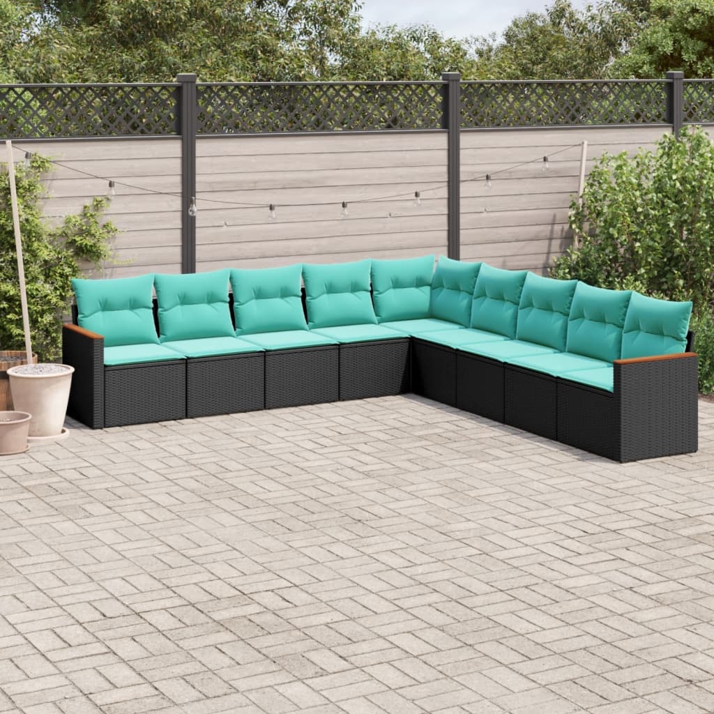 vidaXL 9-teiliges Gartensofa-Set mit Kissen, schwarzes Polyrattan