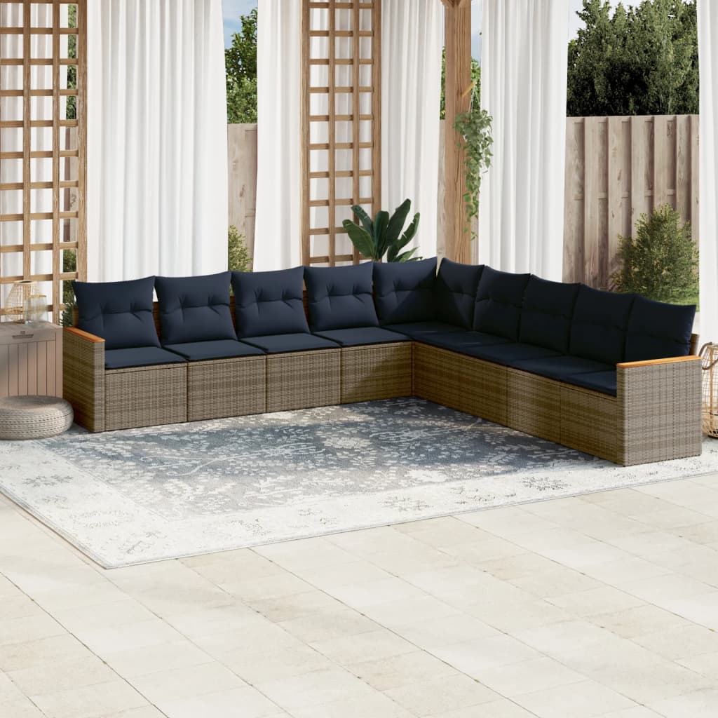 vidaXL 9-teiliges Gartensofa-Set mit Kissen, grau, Polyrattan