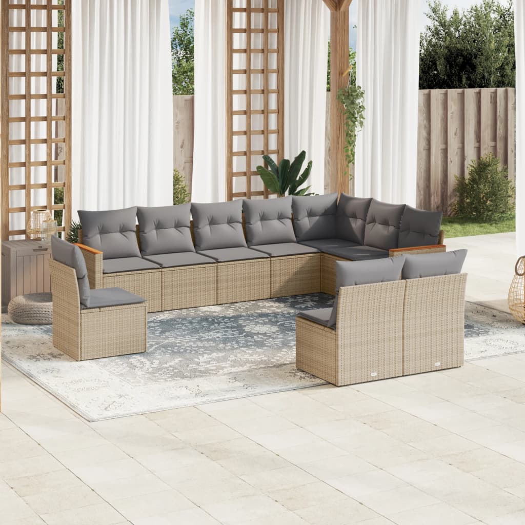 vidaXL 10-tlg. Garten-Sofagarnitur mit Kissen Beige Poly Rattan