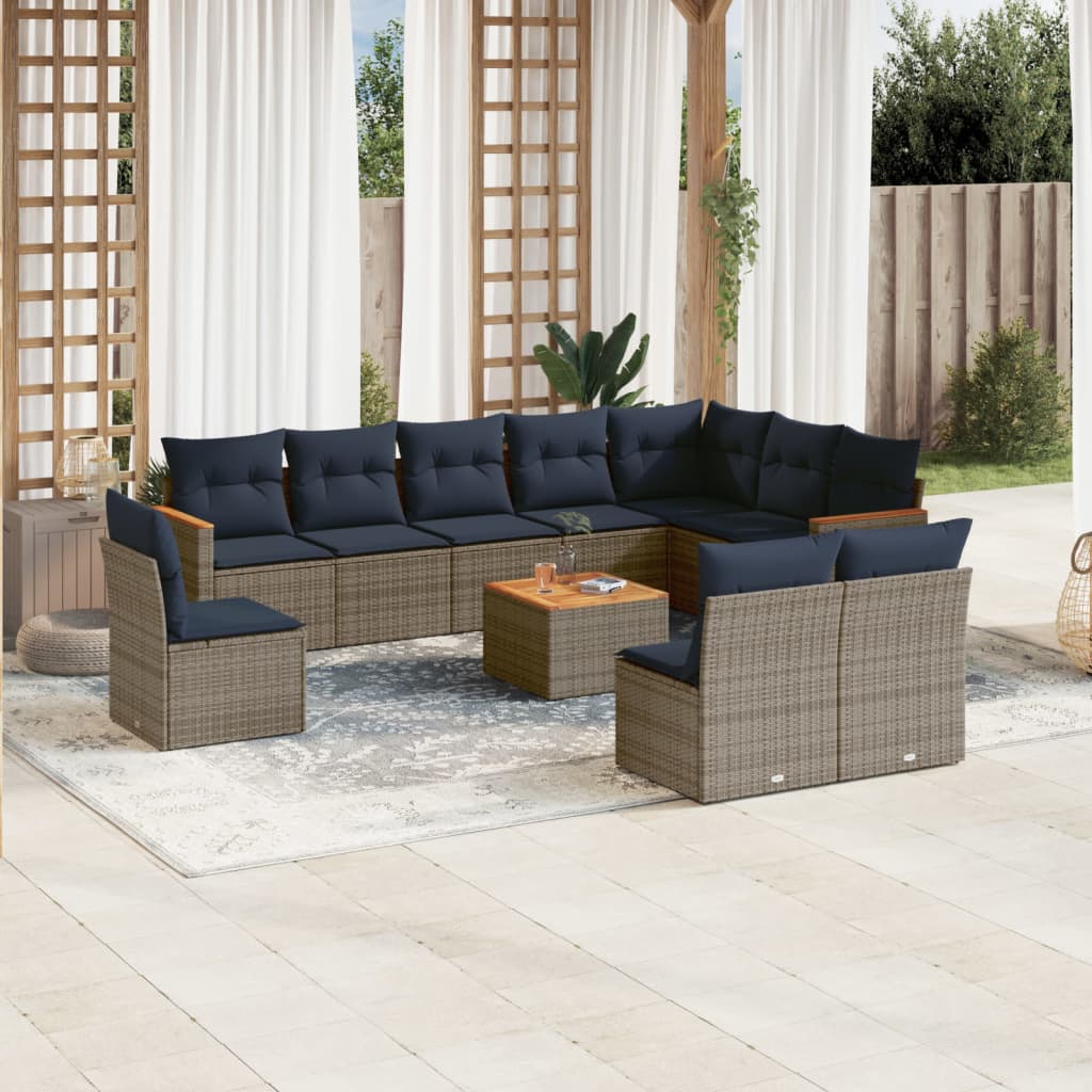 vidaXL 11-teiliges Gartensofa-Set mit Kissen, grau, Polyrattan
