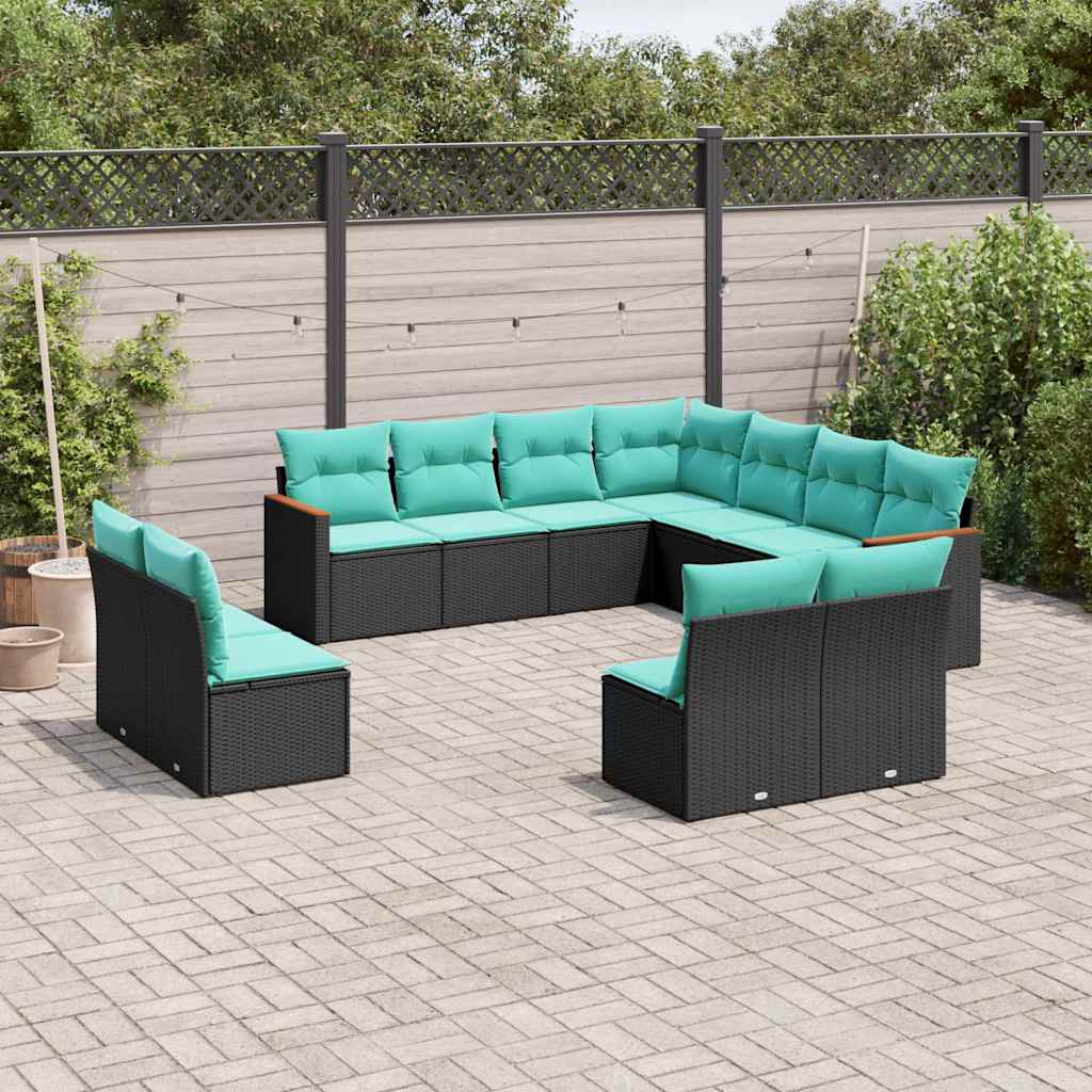 11-delt havesofasæt i sort polyrattan med blå hynder - modulært loungesæt