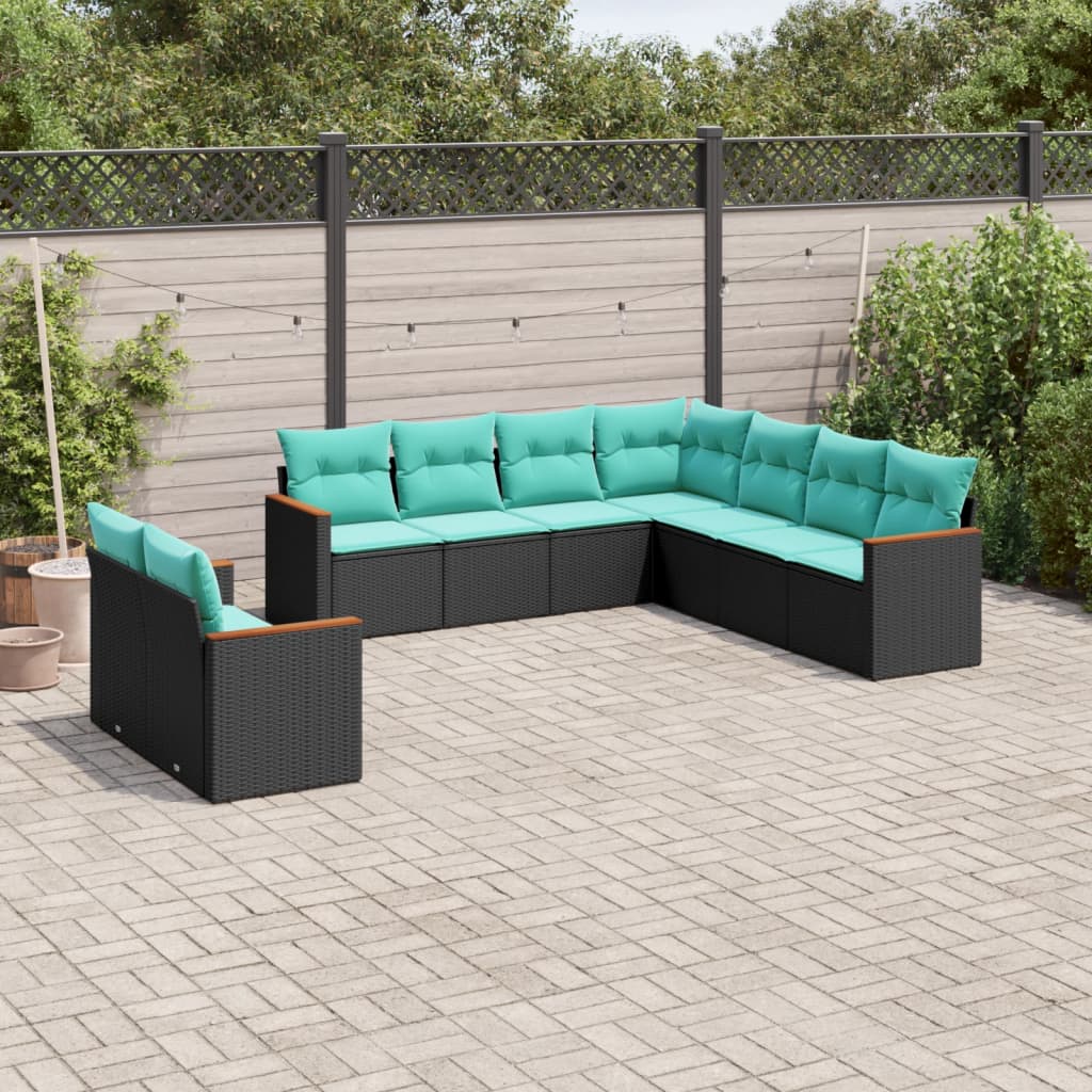 vidaXL 9-teiliges Gartensofa-Set mit Kissen, schwarzes Polyrattan
