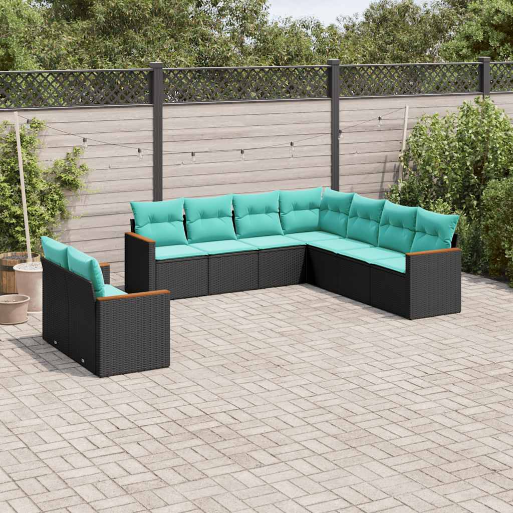 vidaXL havesofasæt med 9 dele og hynder sort polyrattan