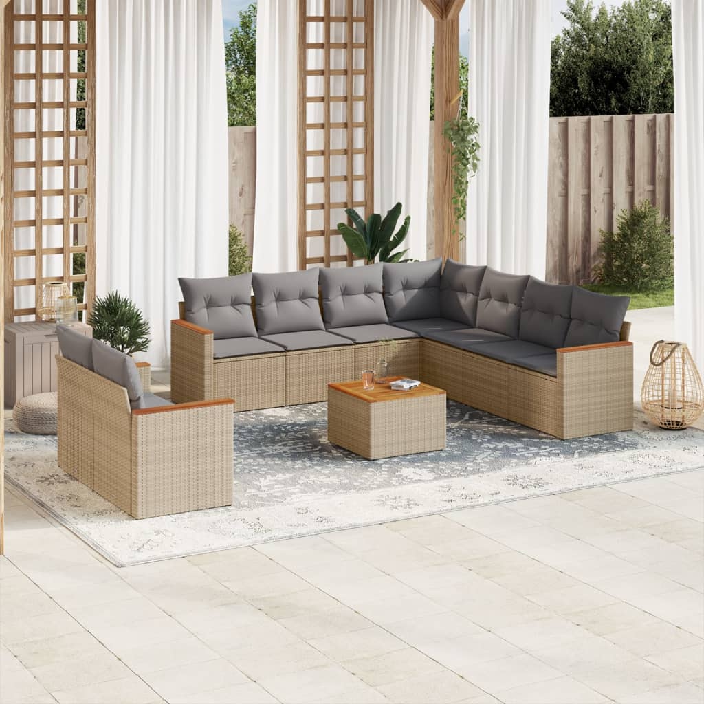 vidaXL 10-tlg. Garten-Sofagarnitur mit Kissen Beige Poly Rattan