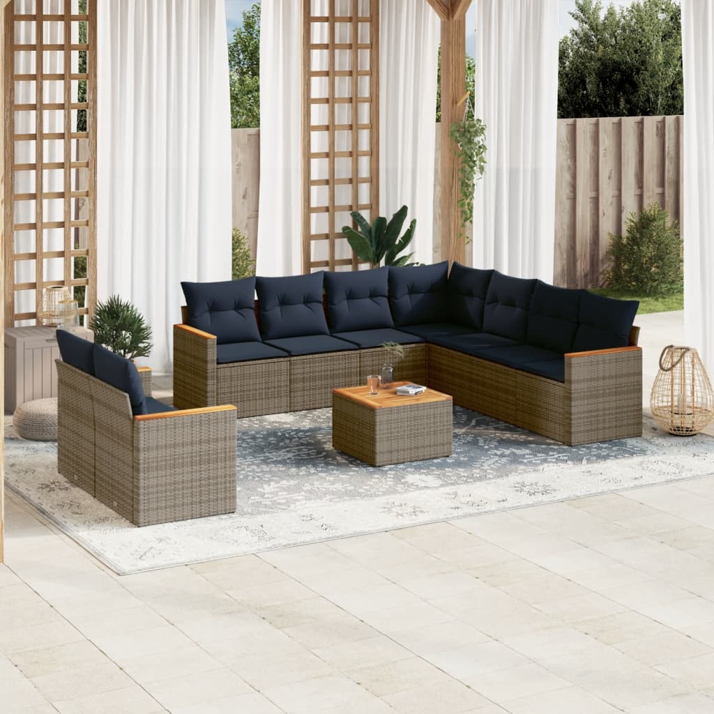 10 Piece Patio Sofa Set with Cushions Gray Poly Rattan