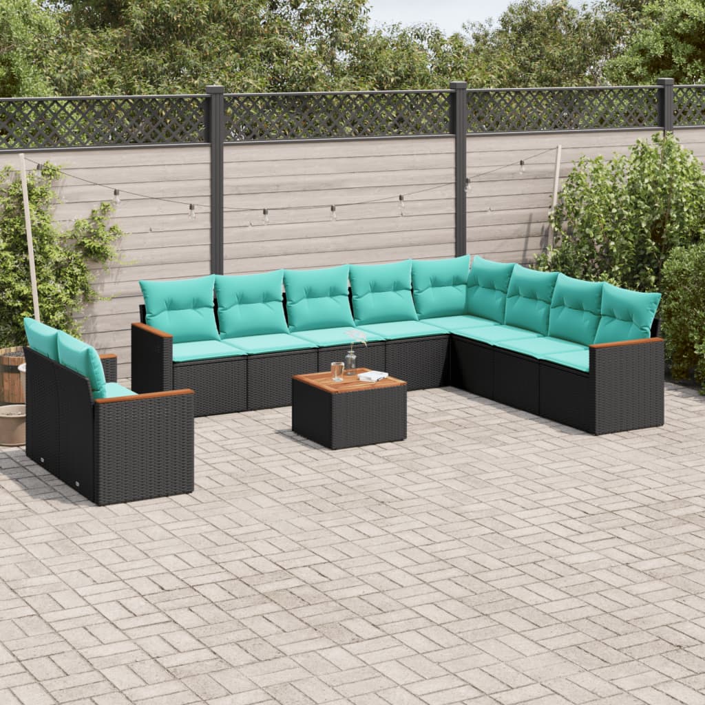 Havesofasæt i 11 dele med blå hynder - sort polyrattan
