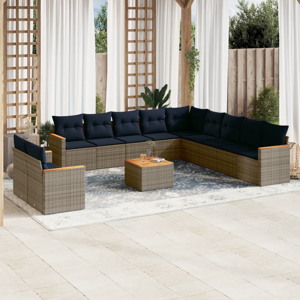 vidaXL 12-teiliges Gartensofa-Set mit Kissen, grau, Polyrattan