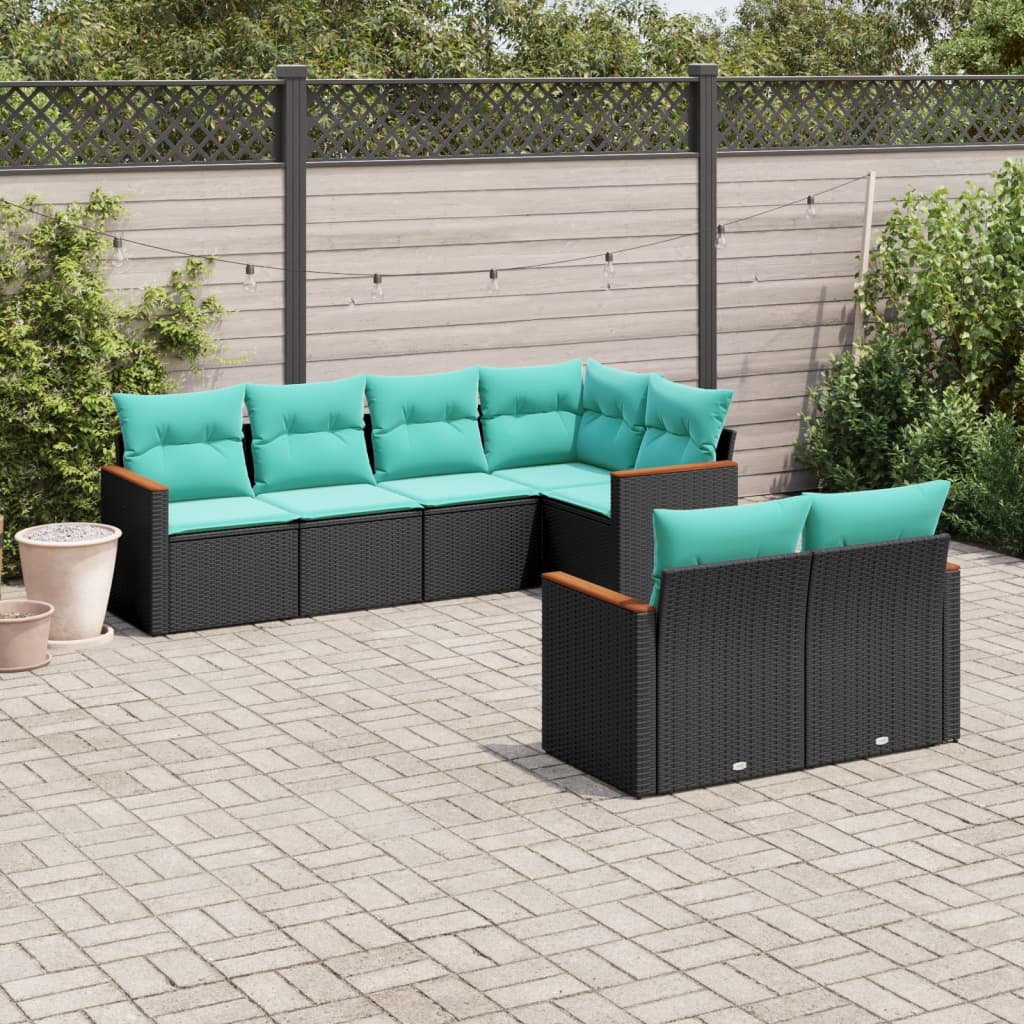 Havesofasæt i sort polyrattan med 7 blå hynder - modulopbygget