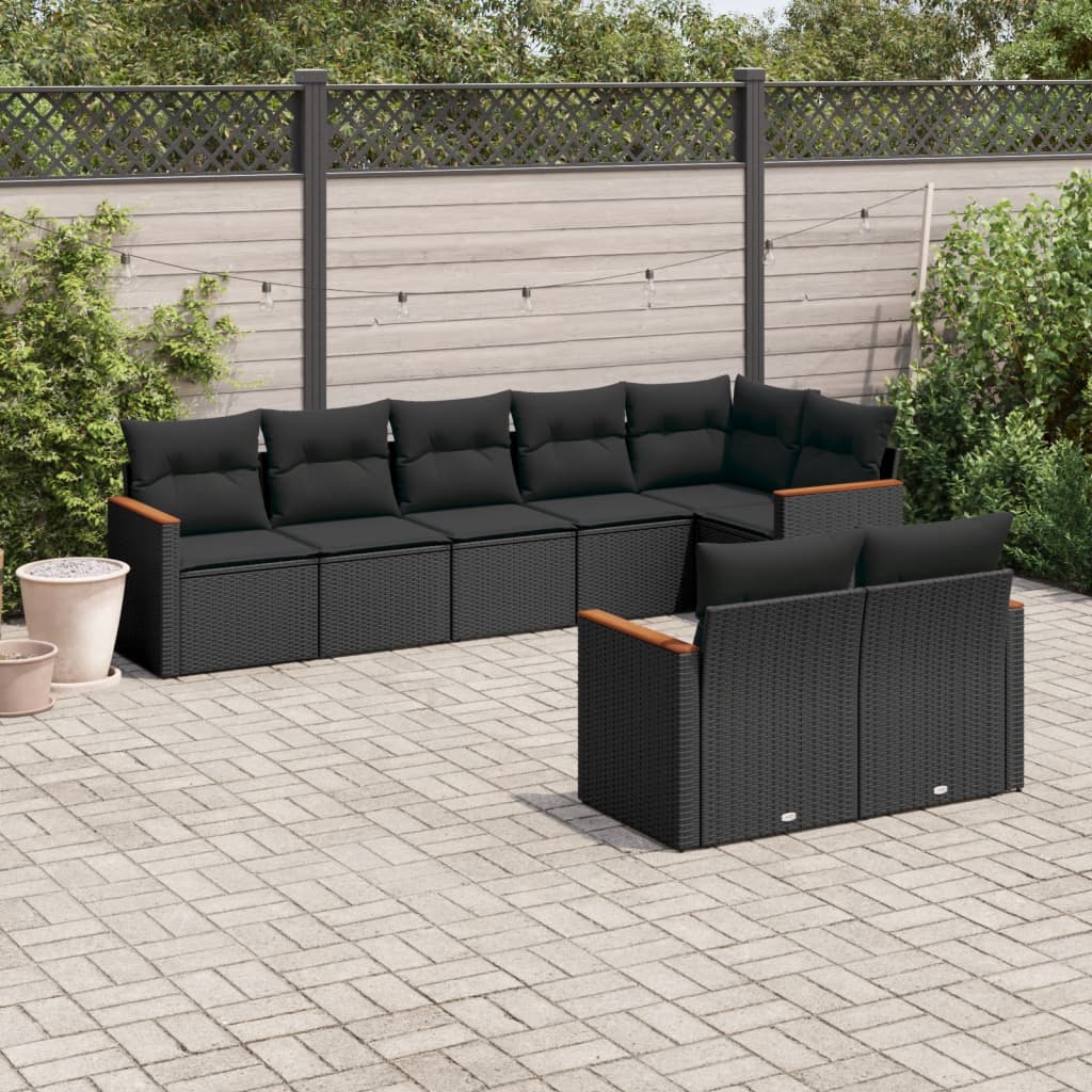 8-tlg. Garten-Sofagarnitur mit Kissen Schwarz Poly Rattan