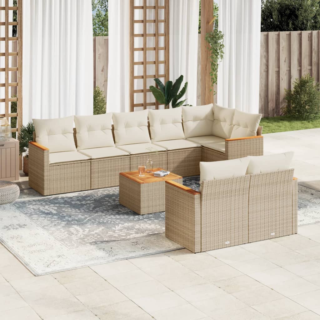 9-tlg. Garten-Sofagarnitur mit Kissen Beige Poly Rattan