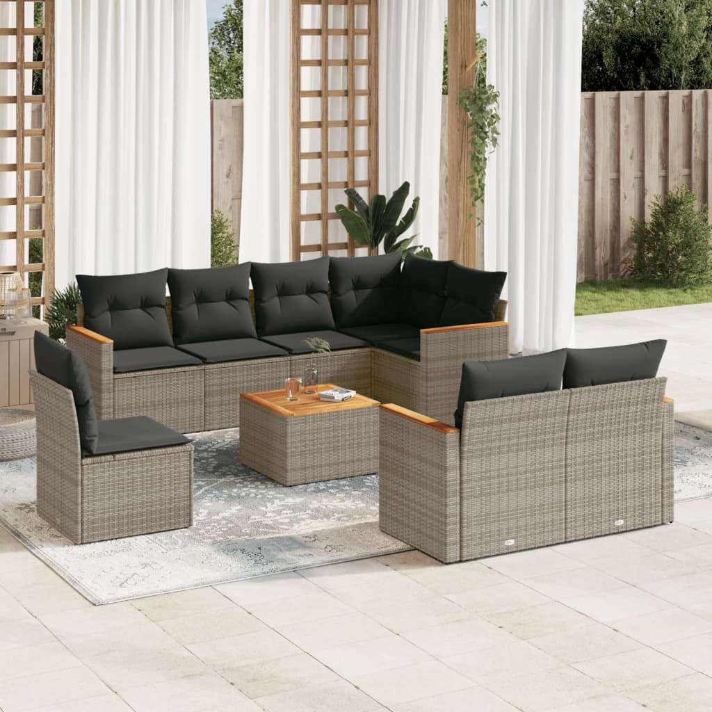 9-tlg. Garten-Sofagarnitur mit Kissen Grau Poly Rattan