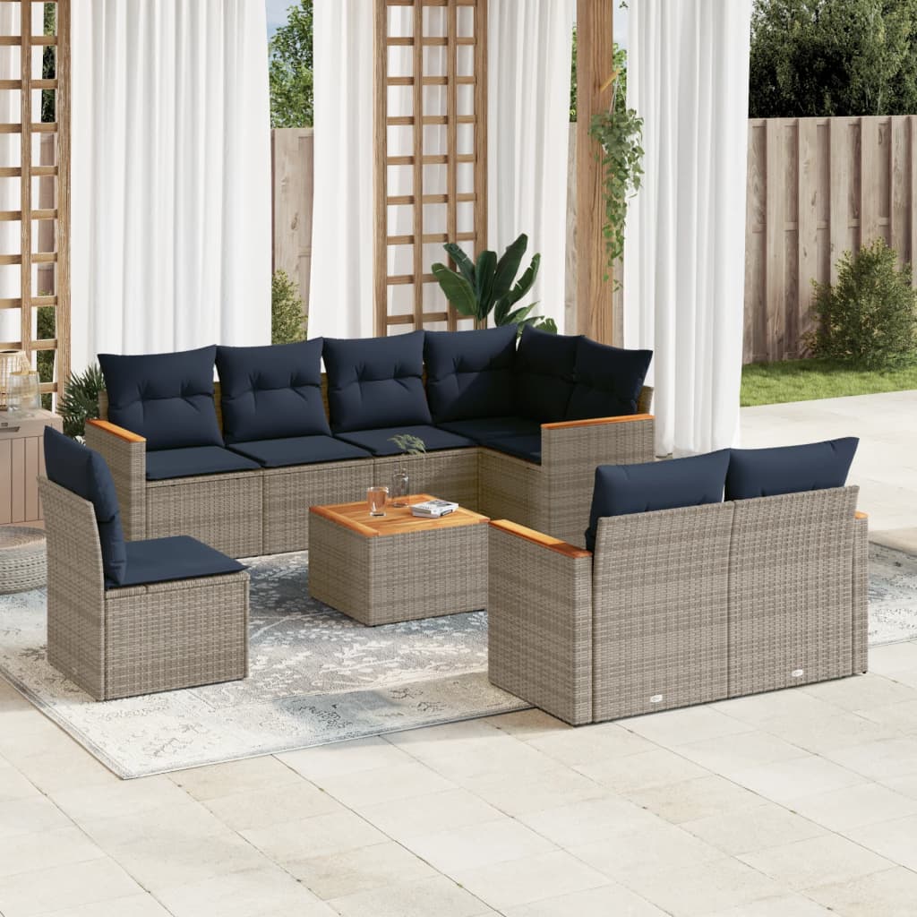 Havesofasæt i grå polyrattan med marineblå hynder - 9 dele, modulært loungesæt
