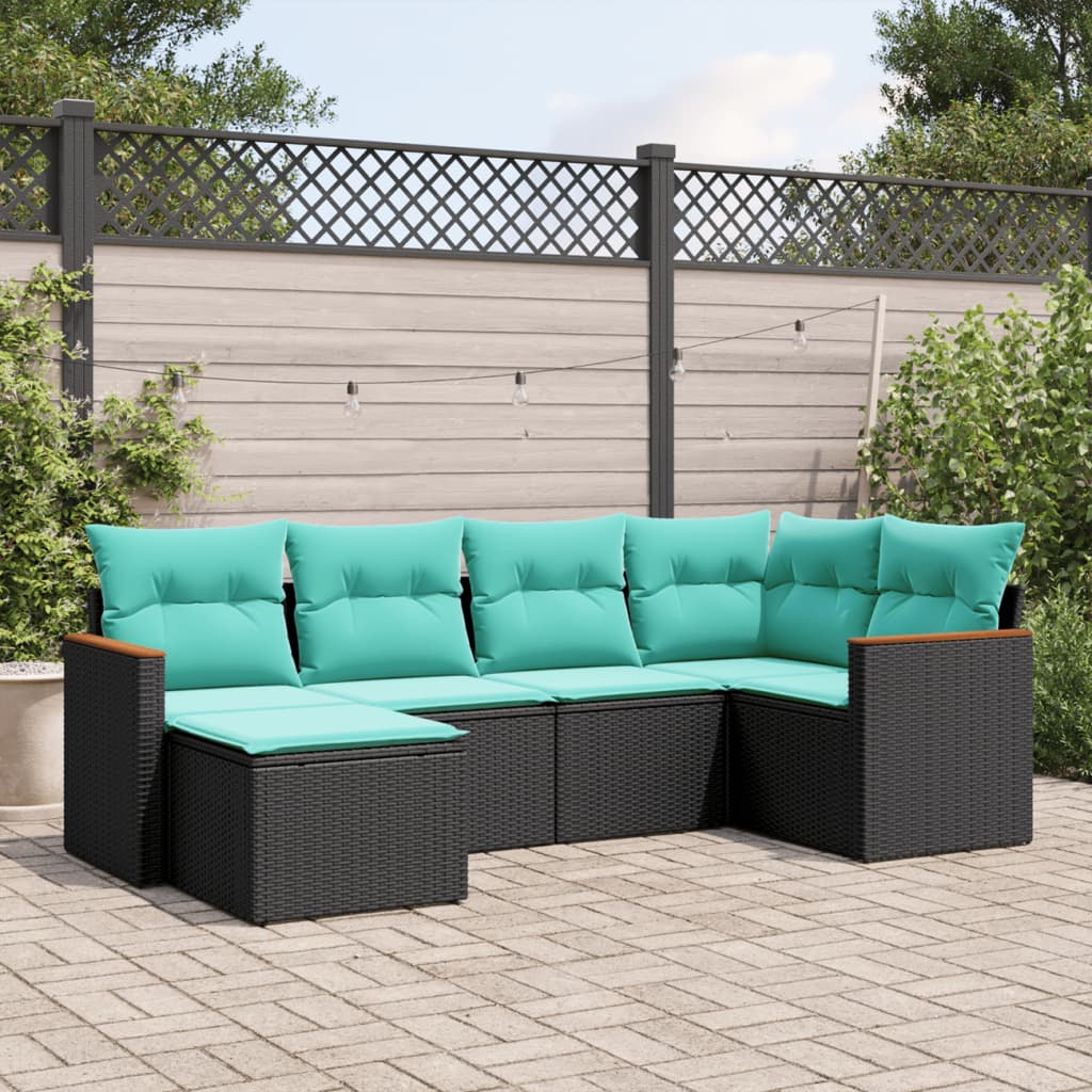 vidaXL 6-teiliges Gartensofa-Set mit Kissen, schwarzes Polyrattan