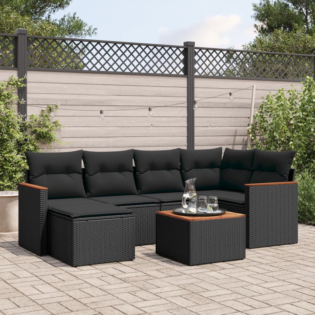 vidaXL 7-tlg. Garten-Sofagarnitur mit Kissen Schwarz Poly Rattan