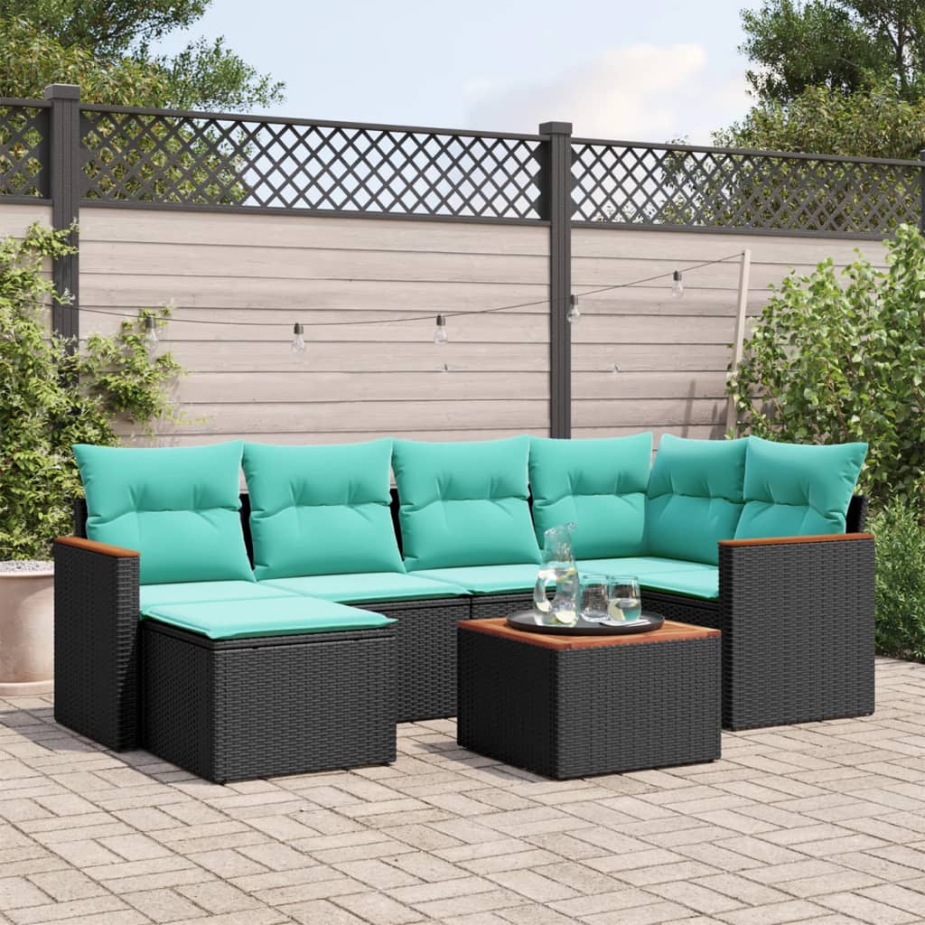 Havesofasæt i sort polyrattan med 7 blå hynder - modulært loungesæt