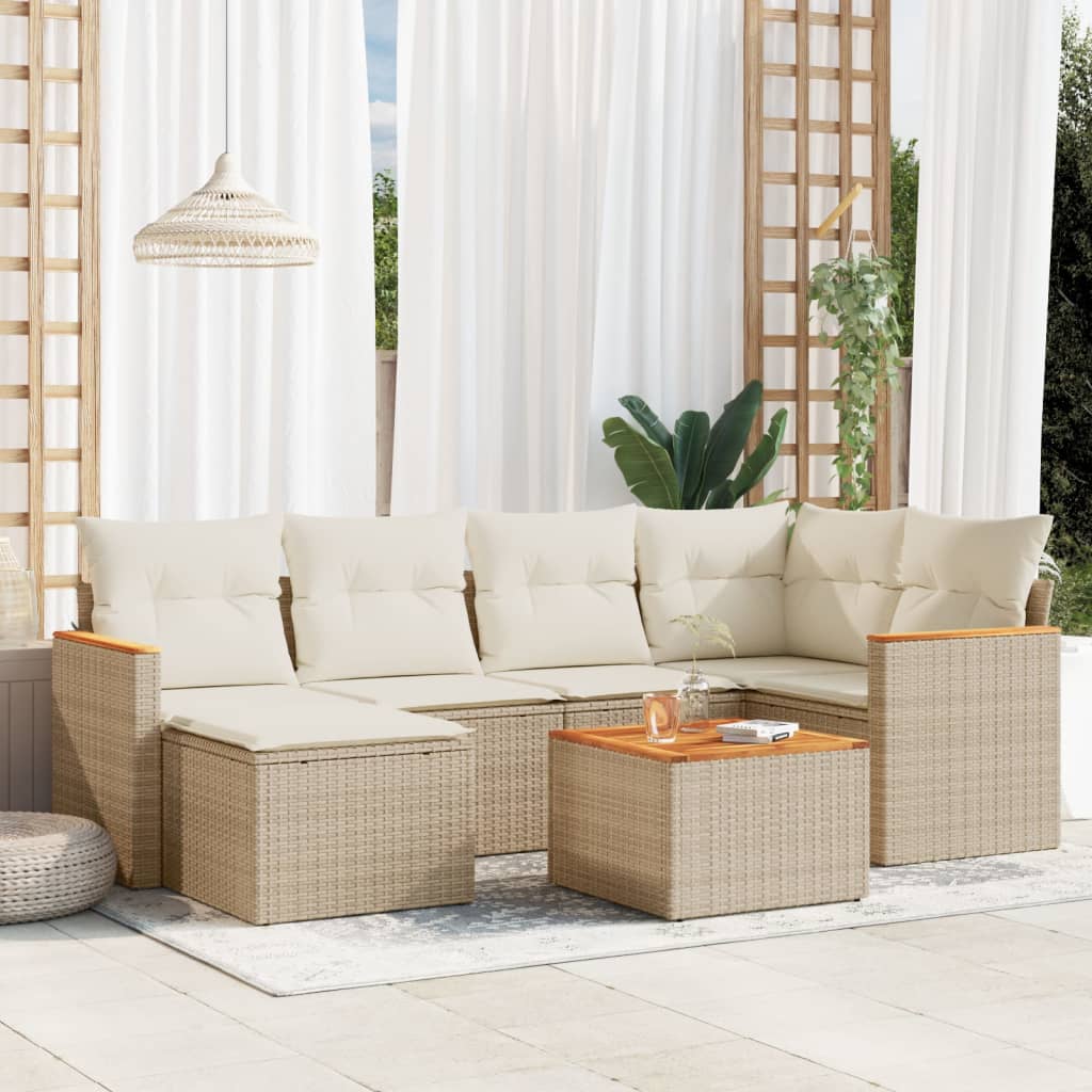 vidaXL 7-tlg. Garten-Sofagarnitur mit Kissen Beige Poly Rattan