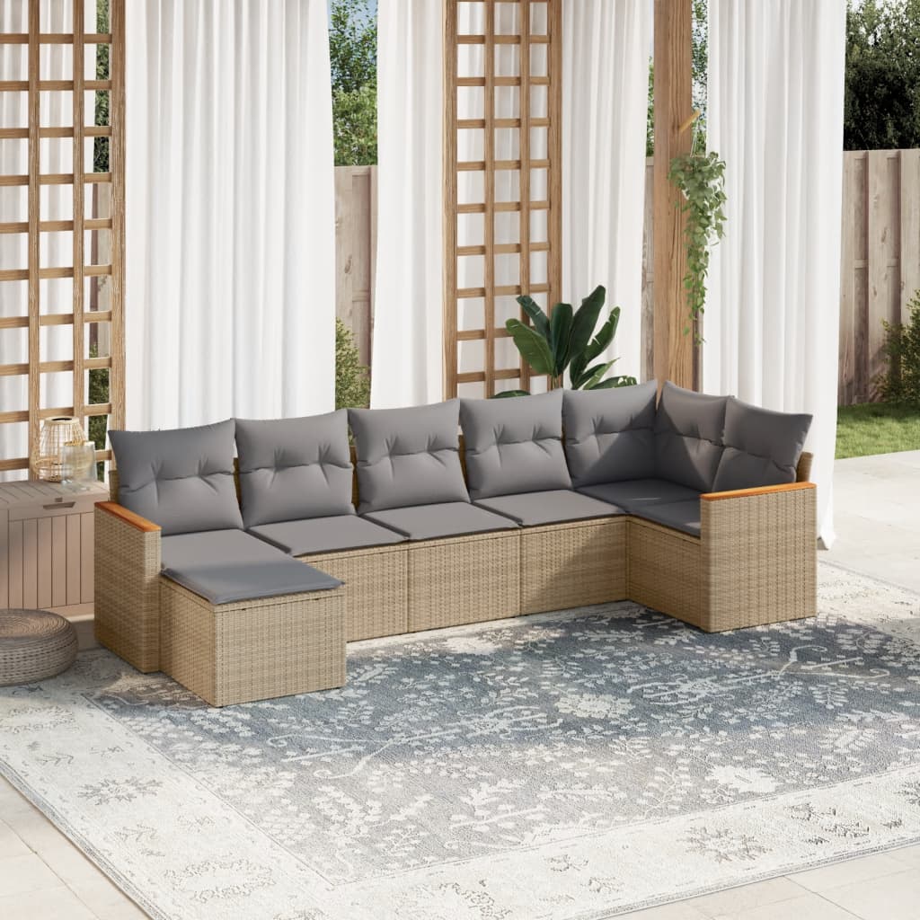 7-tlg. Garten-Sofagarnitur mit Kissen Beige Poly Rattan