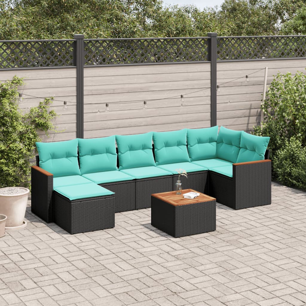 vidaXL 8-teiliges Gartensofa-Set mit Kissen, schwarzes Polyrattan