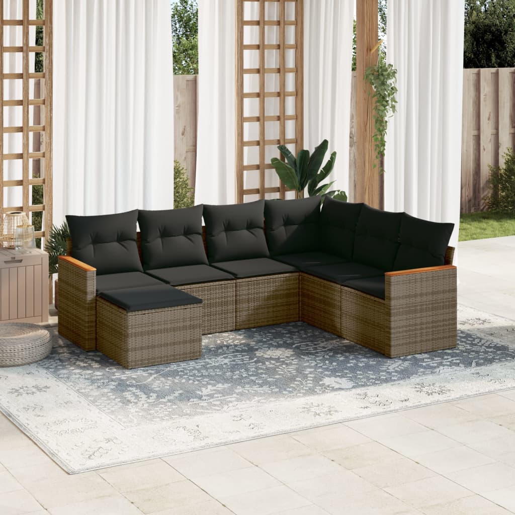 7-tlg. Garten-Sofagarnitur mit Kissen Grau Poly Rattan