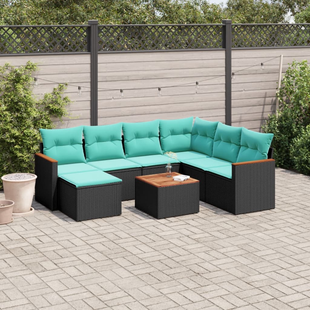 vidaXL 8-teiliges Gartensofa-Set mit Kissen, schwarzes Polyrattan