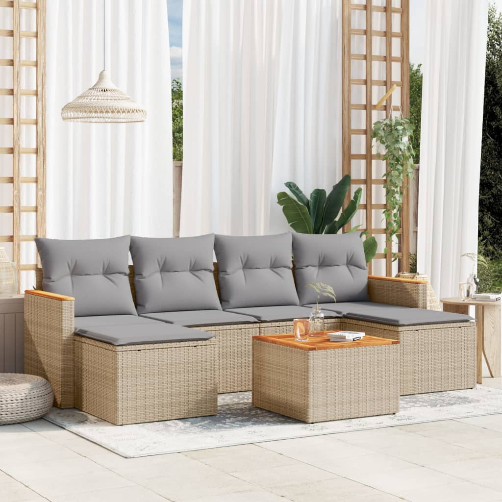 vidaXL 7-tlg. Garten-Sofagarnitur mit Kissen Beige Poly Rattan