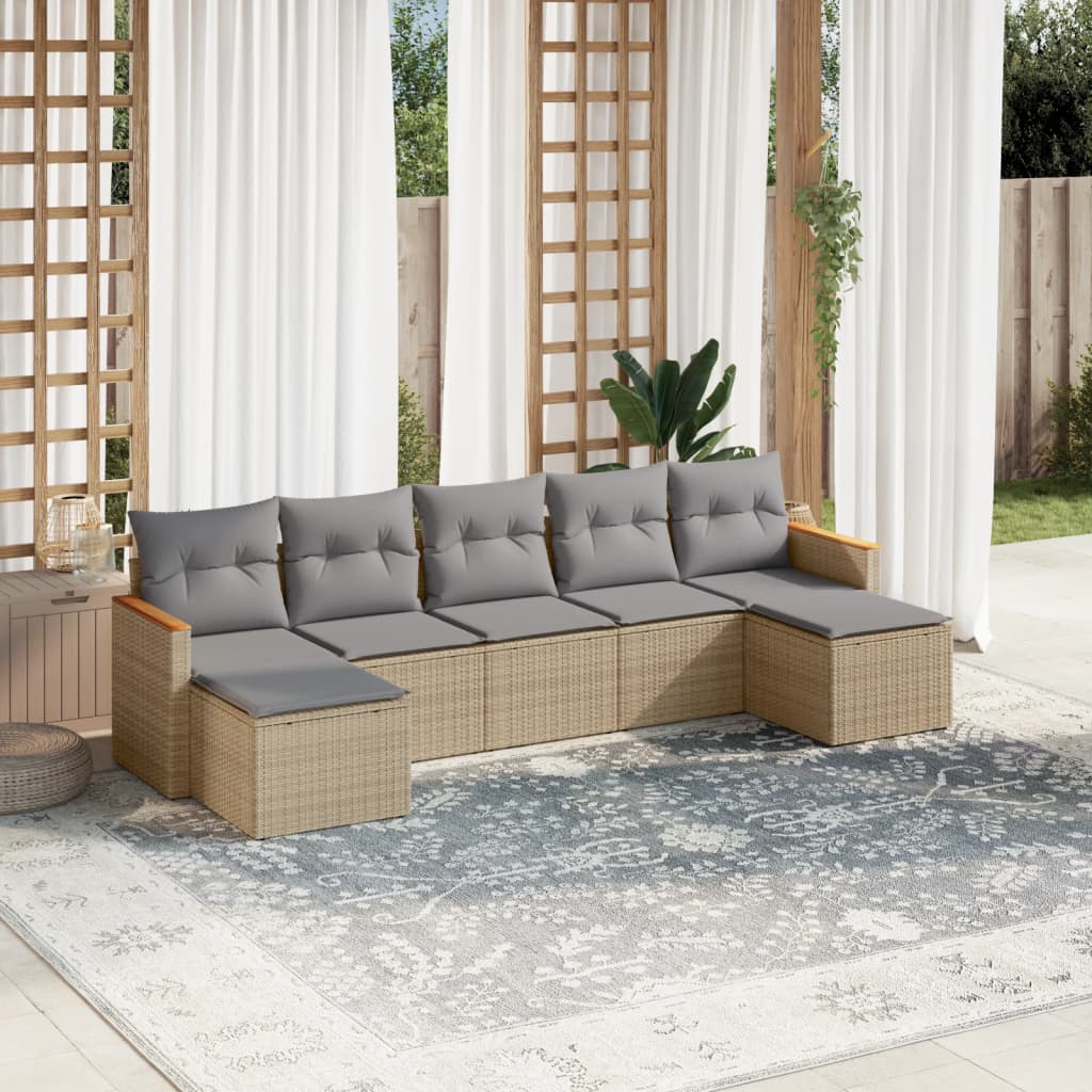 vidaXL 7-tlg. Garten-Sofagarnitur mit Kissen Beige Poly Rattan