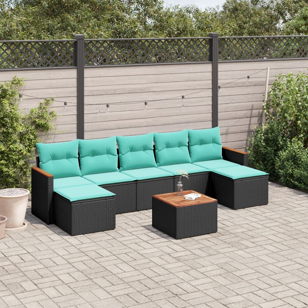 vidaXL 8-teiliges Gartensofa-Set mit Kissen, schwarzes Polyrattan