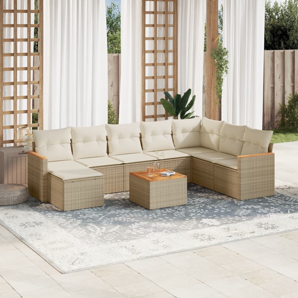 vidaXL 9-tlg. Garten-Sofagarnitur mit Kissen Beige Poly Rattan