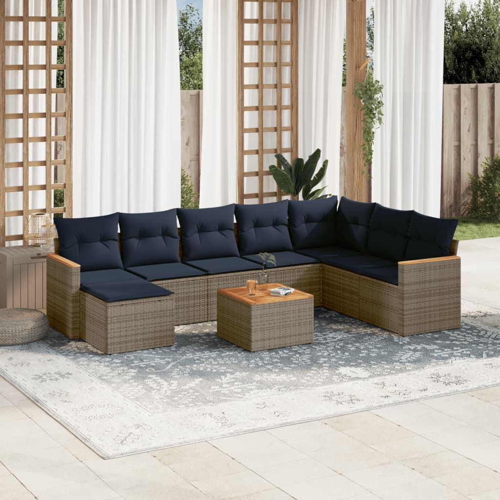 Havesofasæt i grå polyrattan - 9 dele med marineblå hynder