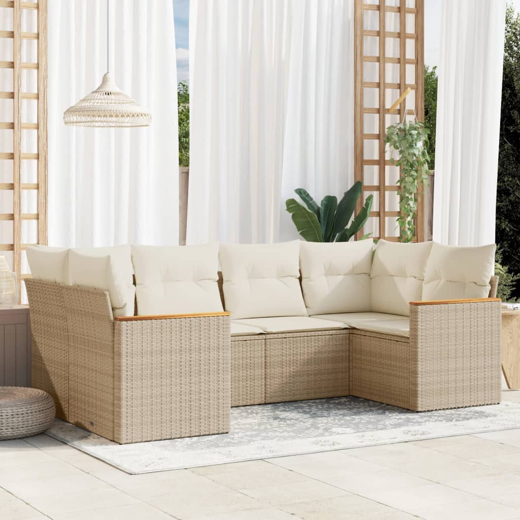 6-tlg. Garten-Sofagarnitur mit Kissen Beige Poly Rattan