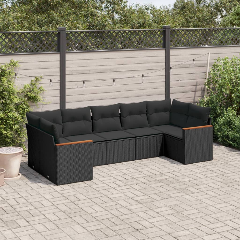 vidaXL 7-tlg. Garten-Sofagarnitur mit Kissen Schwarz Poly Rattan